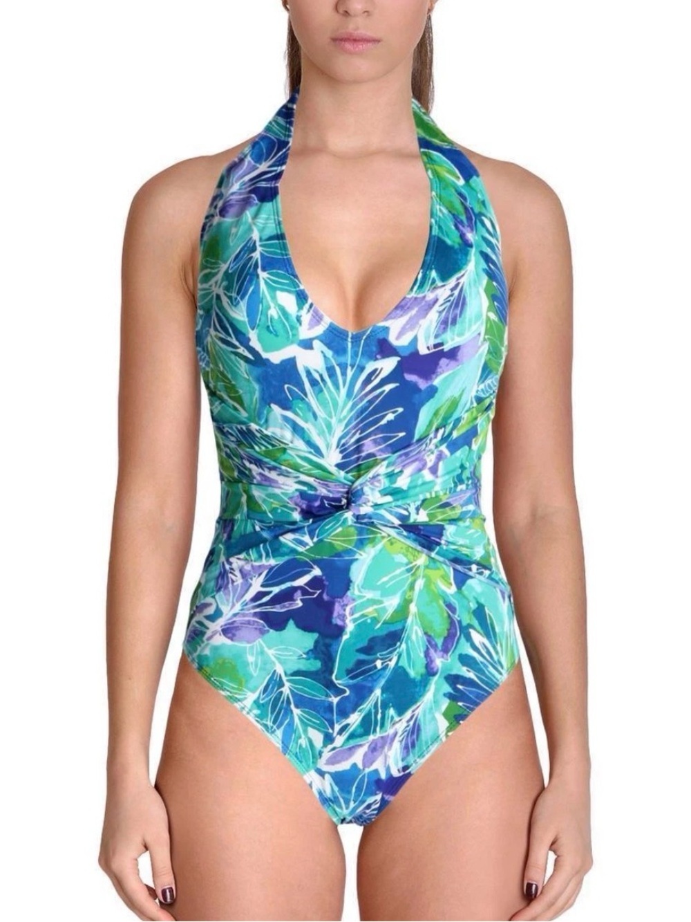 Ralph Lauren Blue and Green Tropical Halter One-Piece